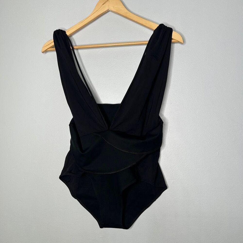 Suki Cohen Black Plunging V-Neck Overlap One Piece Swimsuit Bodysuit | Size M